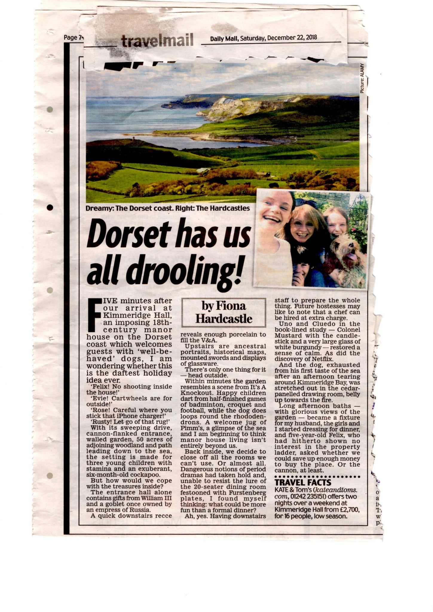 Press article about Smedmore House seaside manor accommodation for rent in Dorset